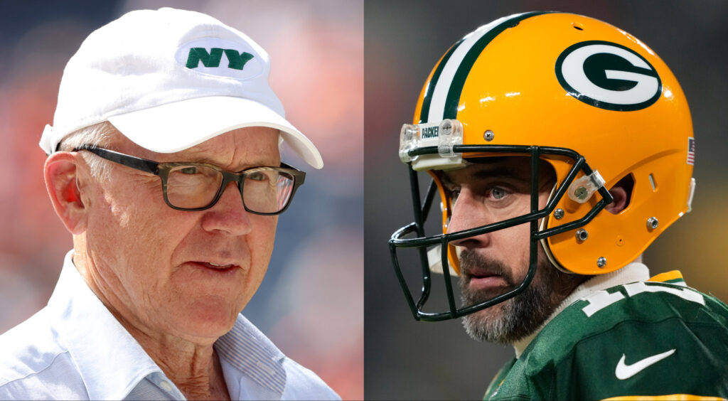 New York Jets owner Woody Johnson looking on (left). Green Bay Packers quarterback Aaron Rodgers looking ahead (right).