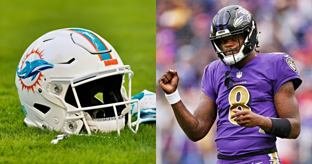 Miami Dolphins helmet shown on field (left). Baltimore Ravens quarterback Lamar Jackson looking on (right).