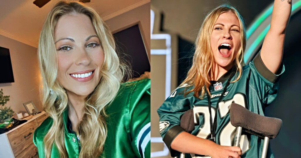 Photo of Eagles fan at the 2022 Draft and photo of that same Eagles with jersey on in bedroom.