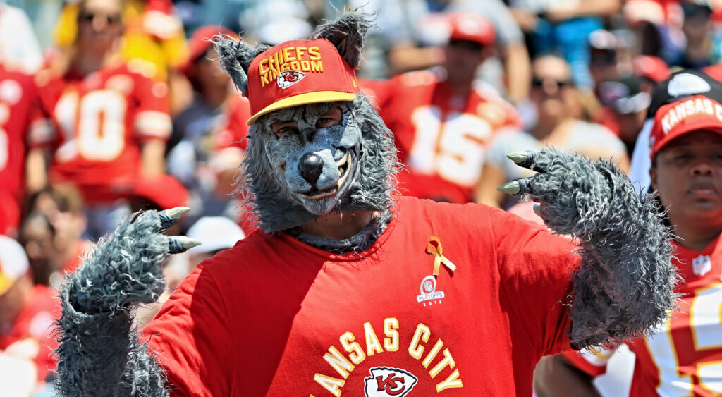Kansas City Chiefs fan dressed as a wolf at a 2019 game.