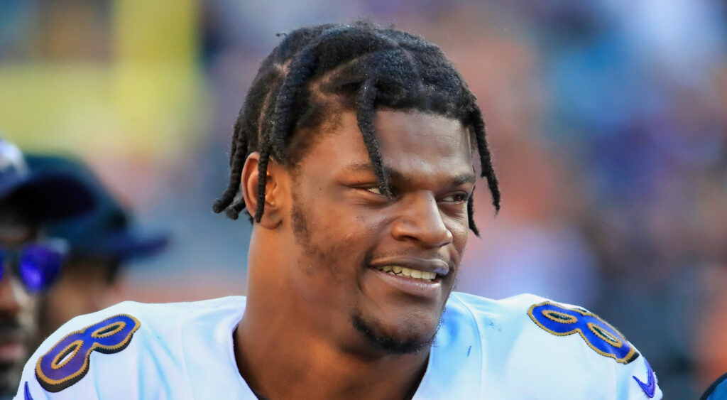 Lamar Jackson of the Baltimore Ravens looking on during a 2019 game.