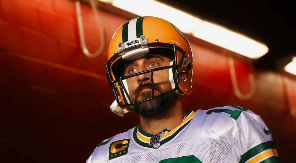 Aaron Rodgers in uniform while also in tunnel