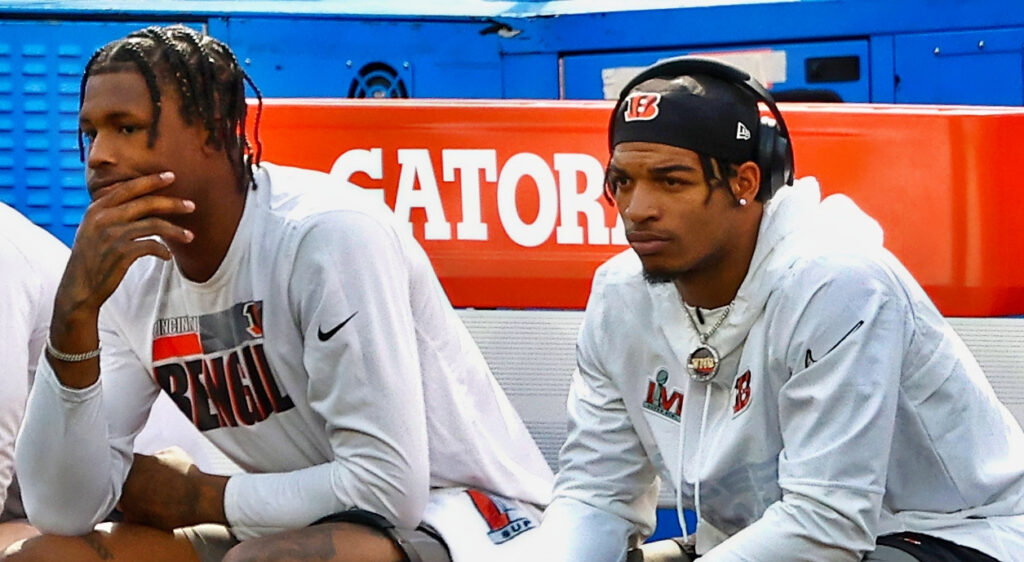 Tee Higgins and Ja'Marr Chase sitting next to each other