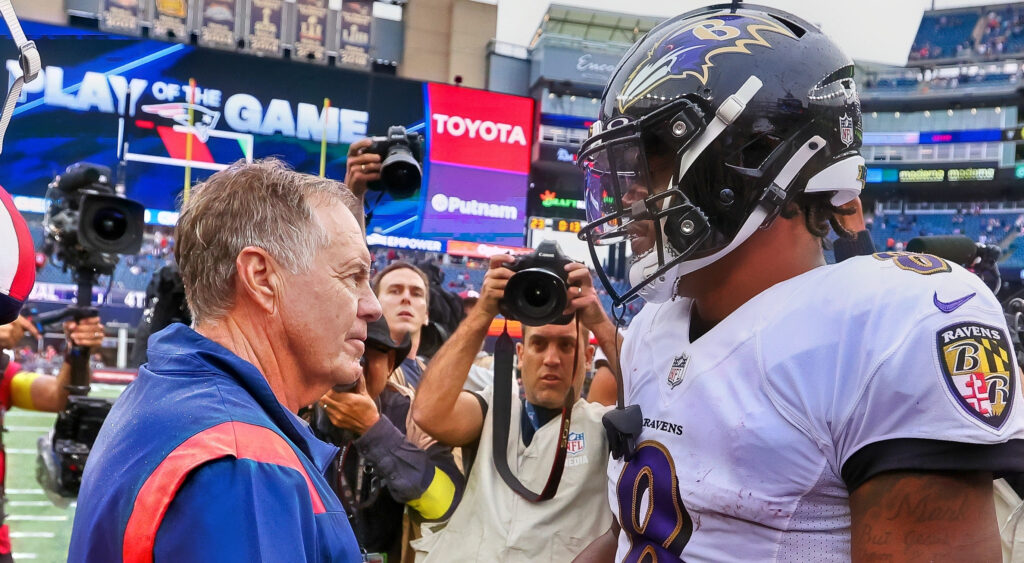 New England Patriots' head coach Bill Belichick meeting with Baltimore Ravens' post-game.