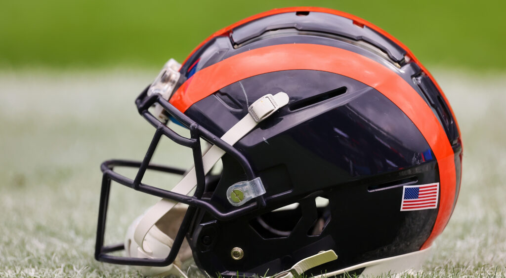 A Chicago Bears helmet shown lying on the ground.