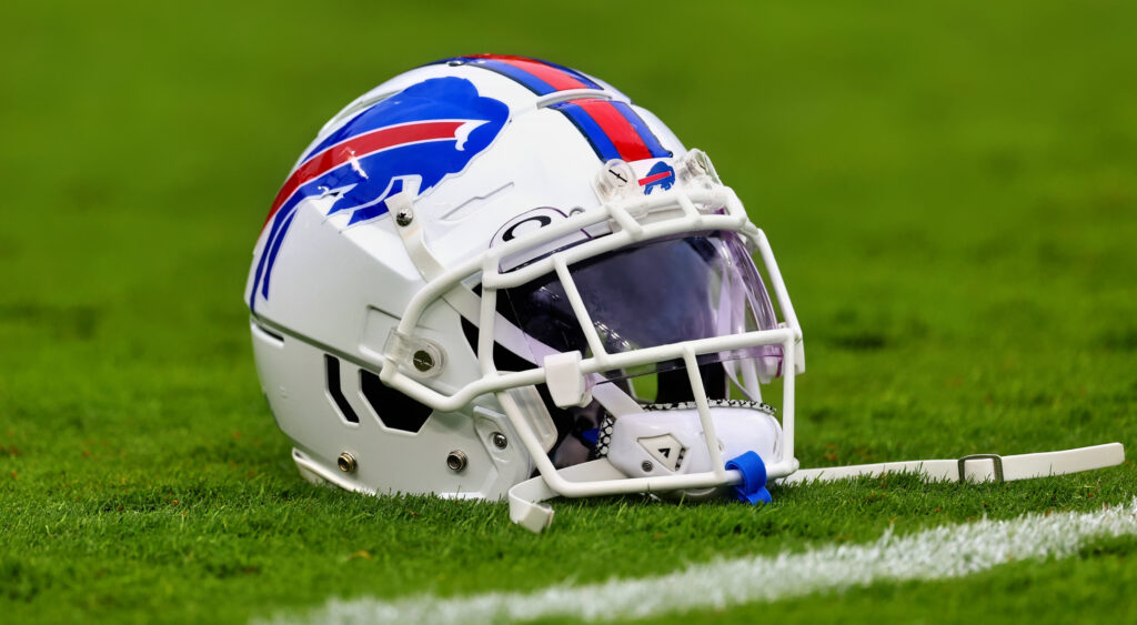 Buffalo Bills helmet lying down on the field at M&T Bank Stadium.