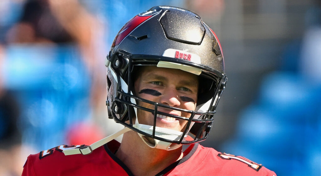 Tampa Bay Buccaneers quarterback Tom Brady smiling during warmups.