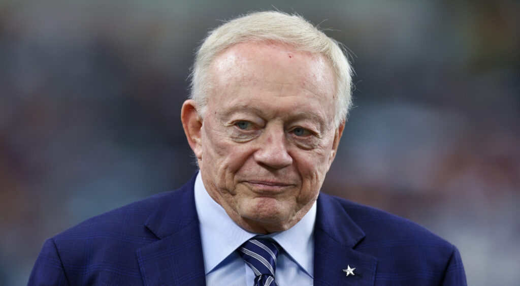 Dallas Cowboys' owner Jerry Jones looking on ahead of 2022 game.