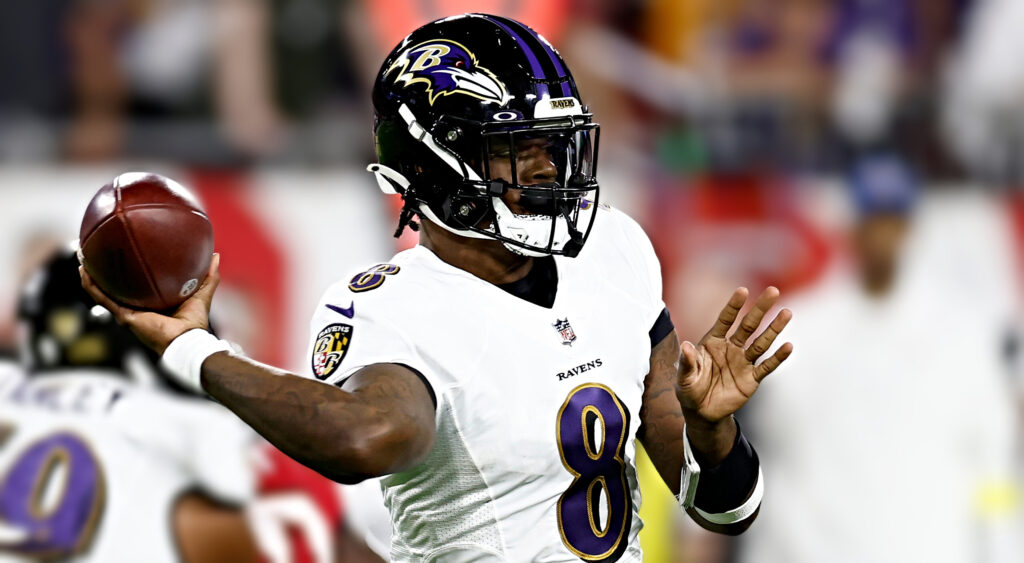 Baltimore Ravens quarterback Lamar Jackson throwing a pass.