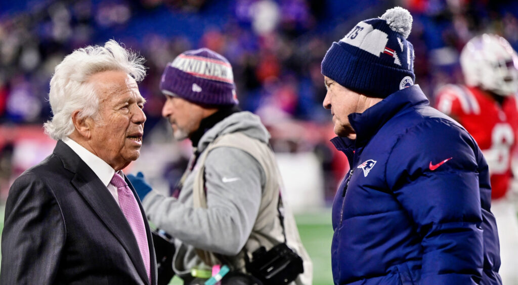 New England Patriots owner Robert Kraft (left) and head coach Bill Belichick meeting during warmups (right).