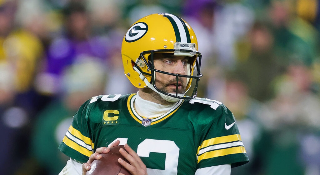 Green Bay Packers quarterback Aaron Rodgers looking to throw in 2023 game.