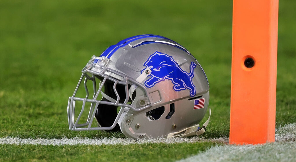 Detroit Lions helmet shown at Lambeau Field.