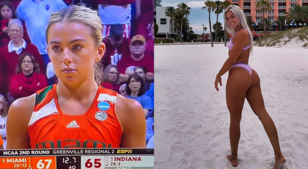 Photo of Haley Cavinder about during NCAA basketball game and photo of Haley Cavinder in a bikini