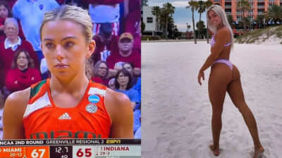 Photo of Haley Cavinder about during NCAA basketball game and photo of Haley Cavinder in a bikini