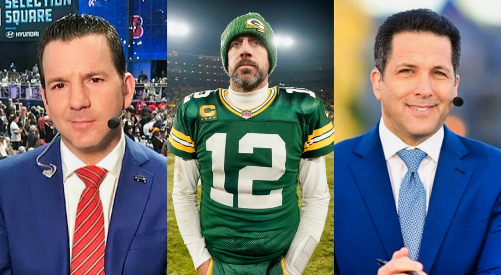 Photos of Ian Rapoport with a headset on, Aaron Rodgers with his hands in his pocket and Adam Schefter with a headset on