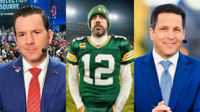 Photos of Ian Rapoport with a headset on, Aaron Rodgers with his hands in his pocket and Adam Schefter with a headset on