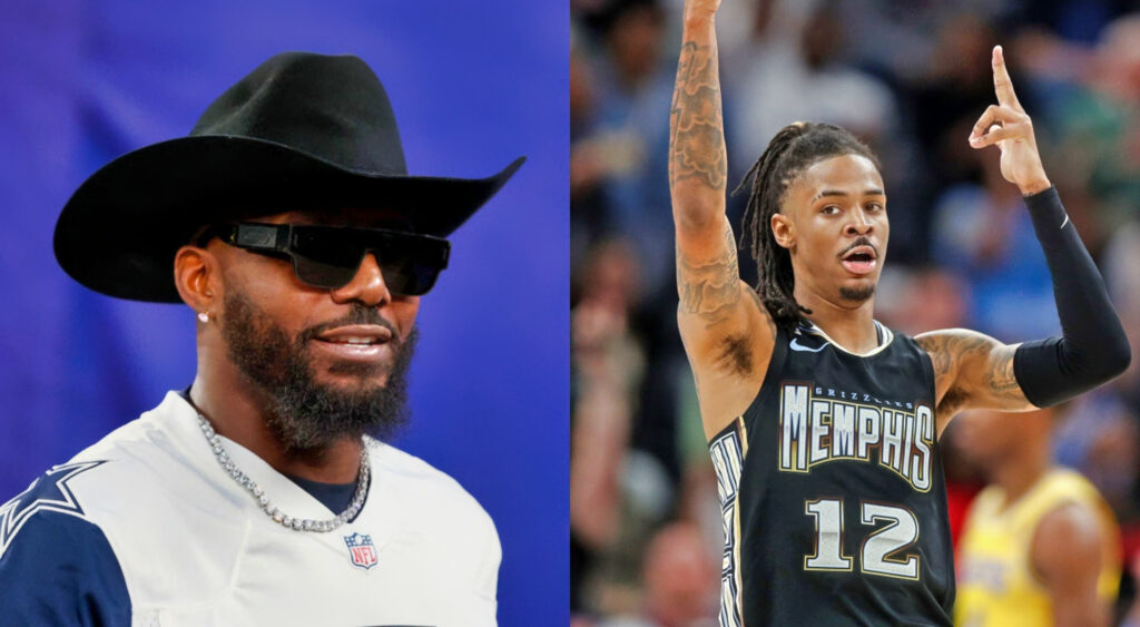 Dez bryant in a cowboy hat while picture shows Ja Morant celebrating