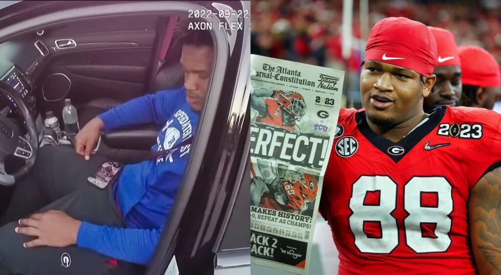 Photo of Jalen Carter sitting in his car and photo of Jalen Carter holding up a newspaper.