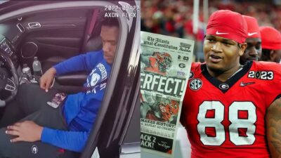 Photo of Jalen Carter sitting in his car and photo of Jalen Carter holding up a newspaper.