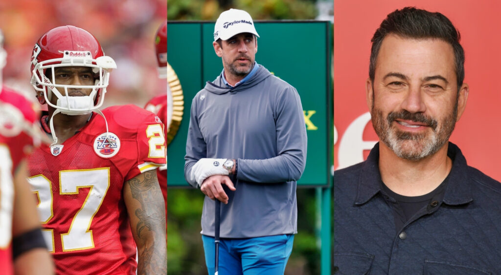 Larry Johnson in Chiefs' uniform. Aaron Rodgers in golf attire with golf club. Jimmy Kimmel smiling