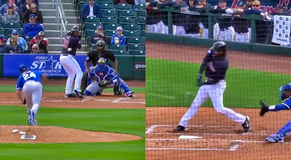 Two photos of Josh Bell hitting a home run