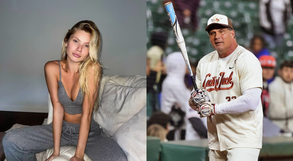 Photo of Josie posing in grey outfit and photo of Jose Canseco holding baseball bat
