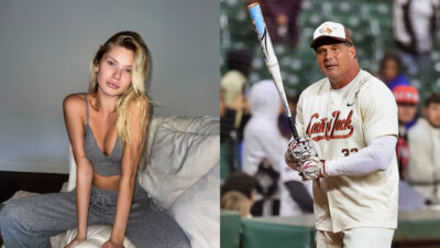 Photo of Josie posing in grey outfit and photo of Jose Canseco holding baseball bat