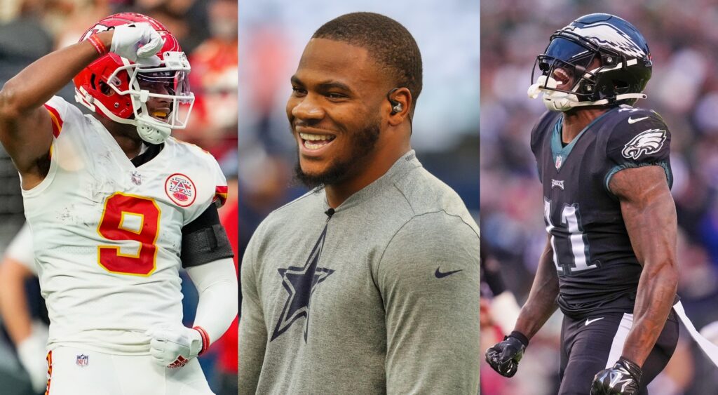 Split image of a laughing Micah Parsons between Juju Smith-Schuster and AJ Brown.