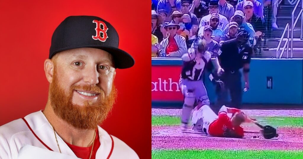 Justin Turner smiling. Turner on the ground after being hit by pitch