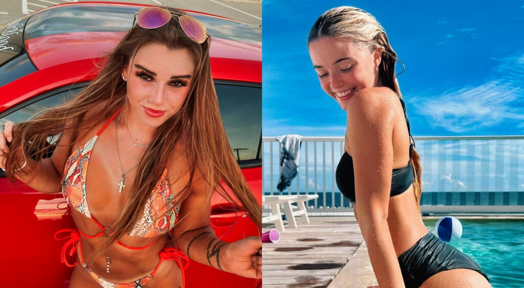 Photo of K.J Johnson in a bikini and a photo of Olivia Dunne in a swimming pool