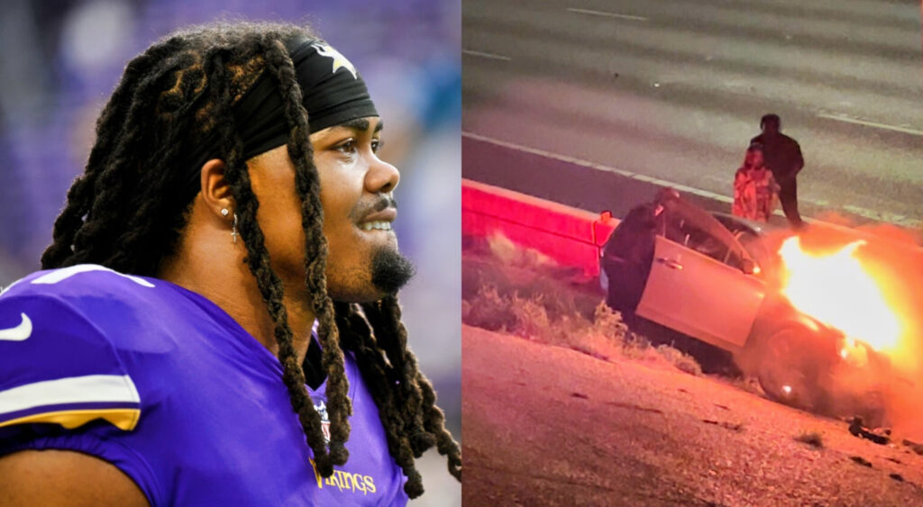 KJ Osborn without helmet while picture shows burning car