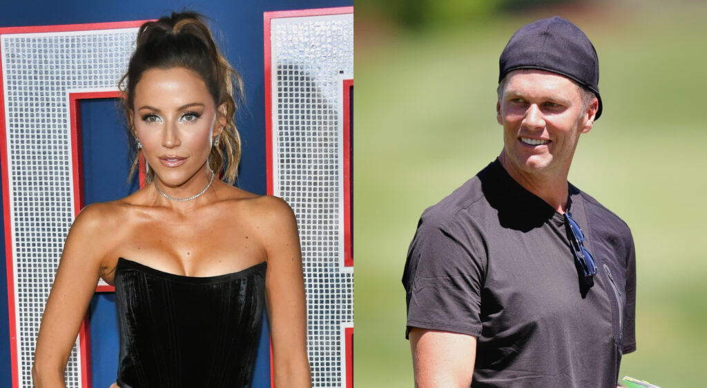 Photo of Kay Aams in Black outfit and photo of Tom Brady on golf course