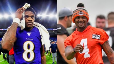 Photo of Lamar Jackson with a hand on his head and photo of Deshaun Watson smiling