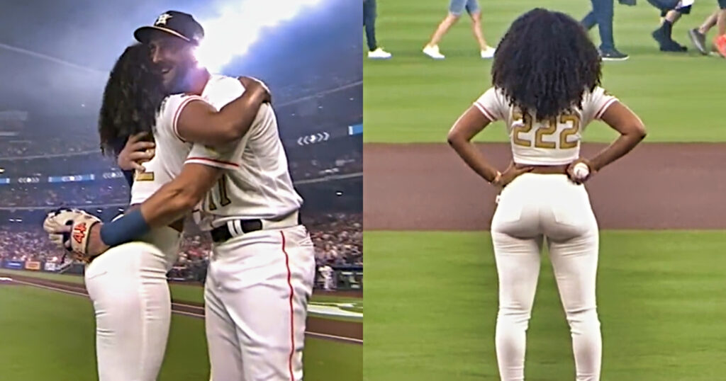 Megan Thee Stallion standing with baseball and then throwing it