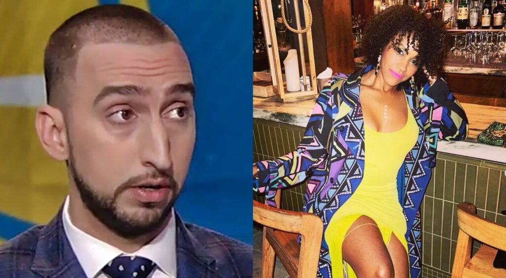 Split image of Nick Wright looking on and his wife sitting at a bar.