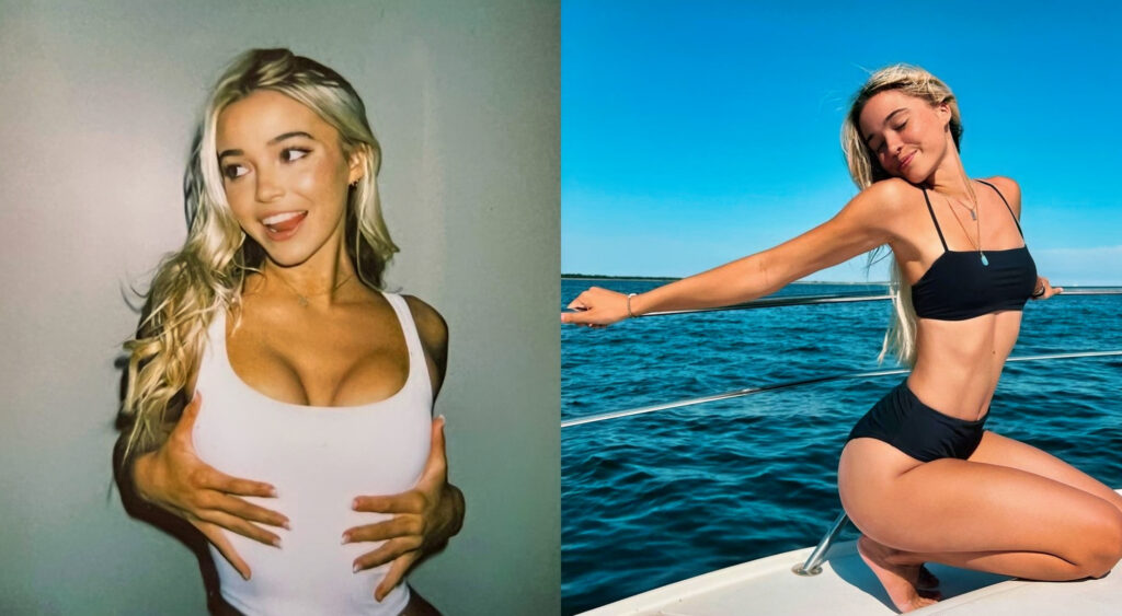 Photo of Olivia Dunne in white vest and photo of Olivia Dunne in swimsuit