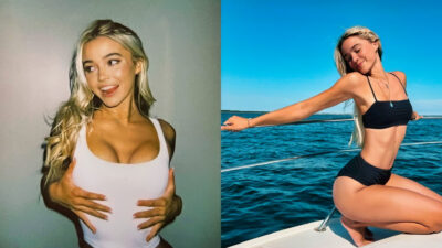 Photo of Olivia Dunne in white vest and photo of Olivia Dunne in swimsuit