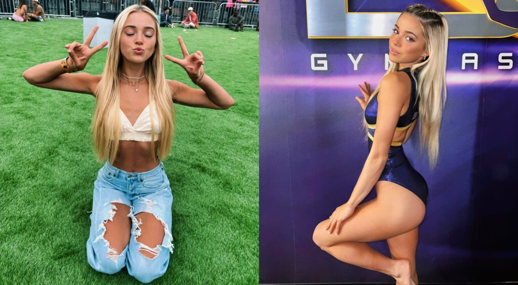 Photo of Olivia Dunne kneeling in grass and photo of Olivia Dunne posing in leotard
