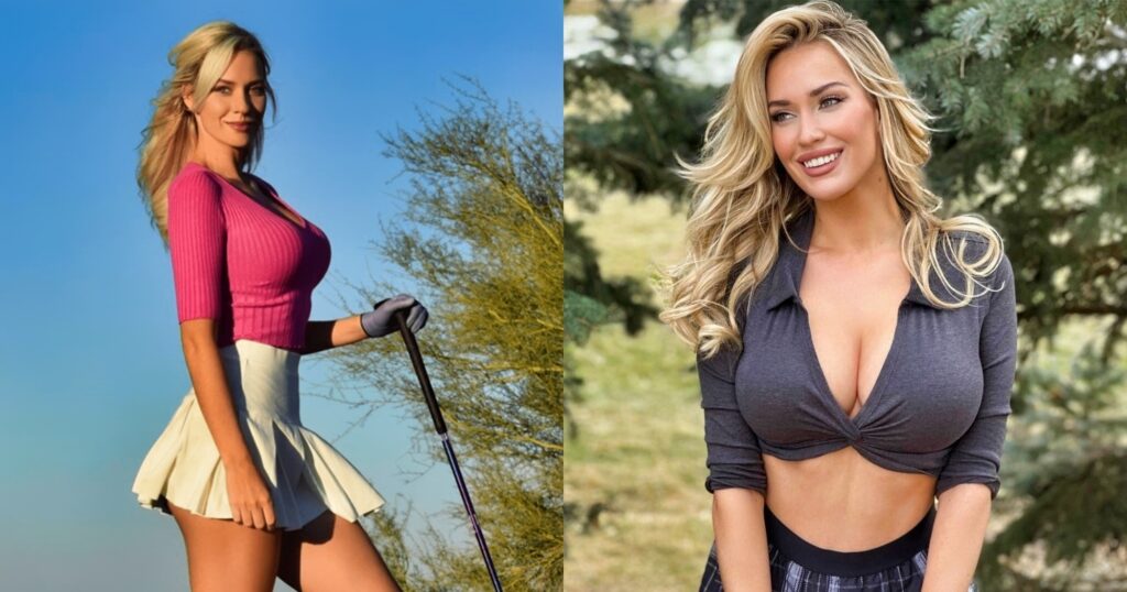 Paige Spiranac in skirt with golf driver. Paige Spiranac posing in low shirt and skirt