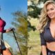 Paige Spiranac in skirt with golf driver. Paige Spiranac posing in low shirt and skirt