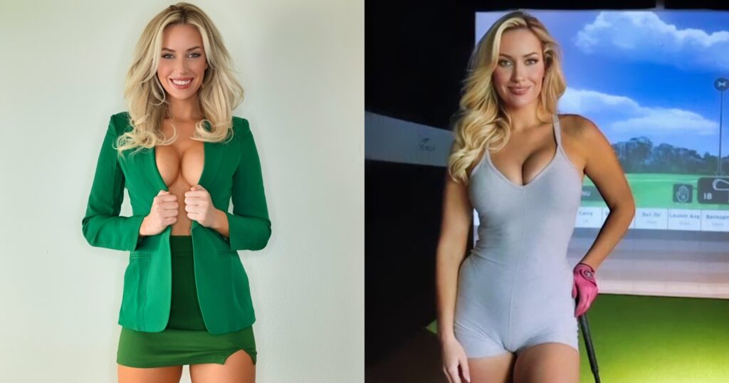 Paige Spiranac posing in green and gray suit