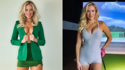 Paige Spiranac posing in green and gray suit