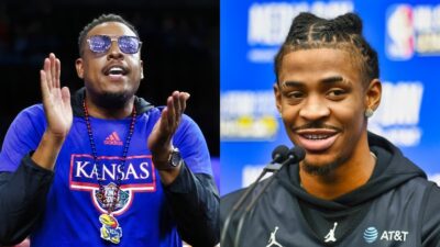 Paul Pierce in Kansas shirt and clapping. Ja Morant smiling in a hoodie