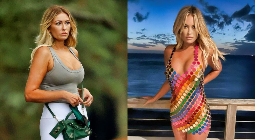 Paulina Gretzky in tight colorful dress while she is also in golf attire