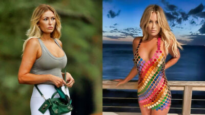 Paulina Gretzky in tight colorful dress while she is also in golf attire