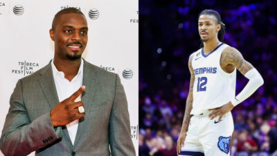 Plaxico Burress in a gray suit while picture shows Ja Morant in uniform