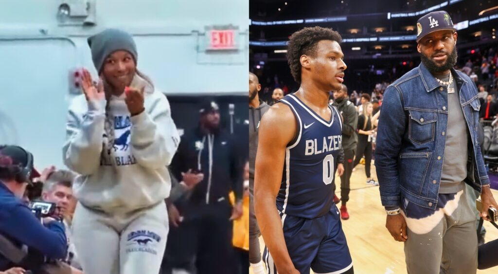 Photo of Savannah James clapping and photo of LeBron James with Bronny