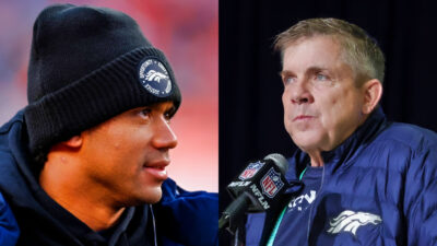 Russell Wilson in beanie while picture shows Sean Payton in Broncos gear