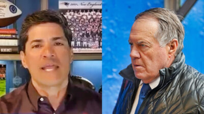 Photo of Tedy Bruschi speaking on TV and photo of Bill Belichick in a black coat