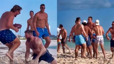 Photos of Tom Brady playing beach football with former teammates